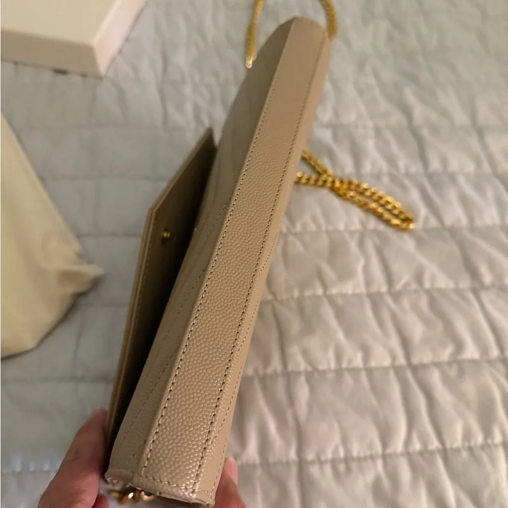 Saint Laurent Tan Quilted Clutch with Gold Logo - Picture 6 of 8